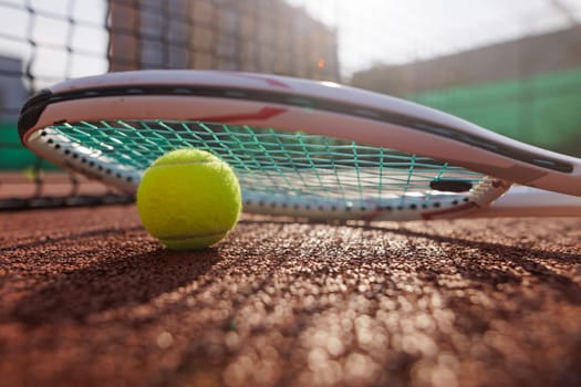 tennis ball lies under tennis racket against the background of tennis court, sun rays shine through tennis racket