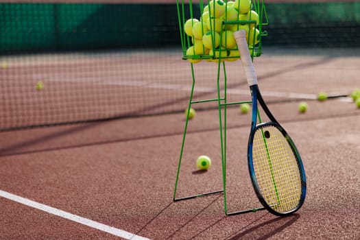 A scene on a tennis court with a tennis racket leaning against a basket of balls. Tennis balls are scattered all over the surface of the court.