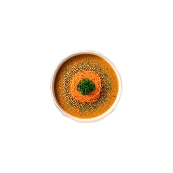 Lentil soup mandala a comforting arrangement of lentil soup with carrots and celery floating. Food isolated on transparent background.