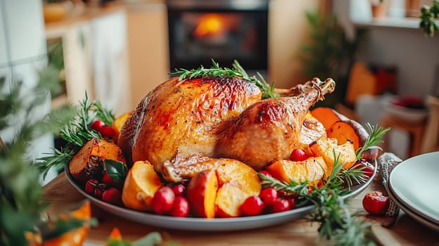 Close-up of roast turkey on ceramic plate surrounded by roasted pumpkin, yams and fresh herbs. AI generated.