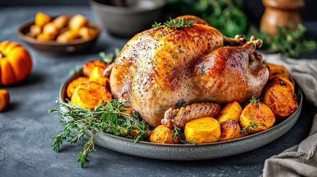 Close-up of roast turkey on ceramic plate surrounded by roasted pumpkin, yams and fresh herbs. AI generated.