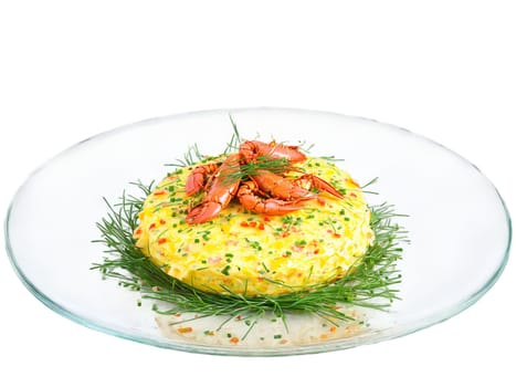 Omelette fluffy with lobster meat and a sprinkle of chives on a transparent glass plate. Food isolated on transparent background.