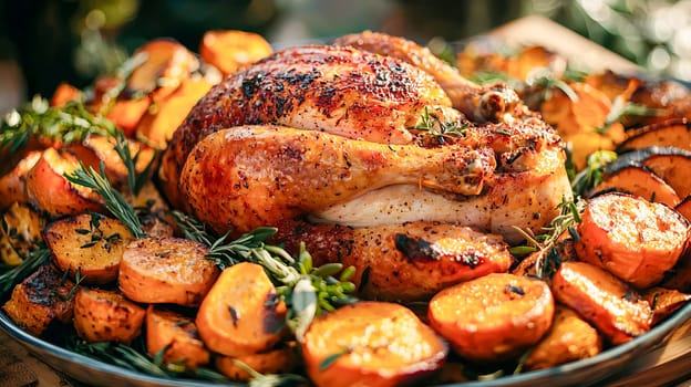 Close-up of roast turkey on ceramic plate surrounded by roasted pumpkin, yams and fresh herbs. AI generated.