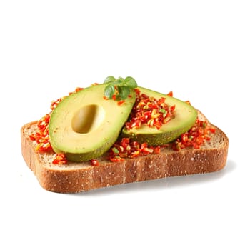 Avocado toast smashed green on rustic bread red chili flakes sprinkled isolated on transparent Food. Food isolated on transparent background.