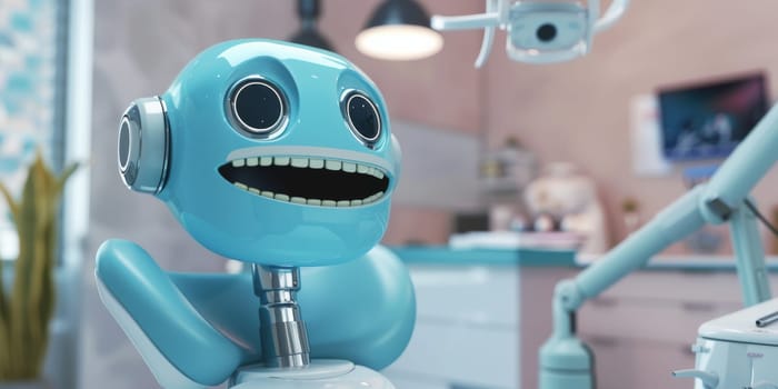 Smiling robot is sitting in a dentist chair at the dental clinic, waiting for a check-up