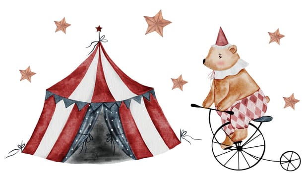Circus cartoon watercolor. Hand drawn set of circus tent, bear on bicycle and stars. Clip art cute kawaii illustrations. Ideal for postcard design and baby shower decoration. High quality illustration