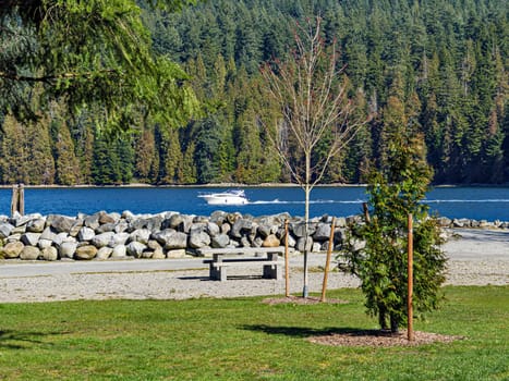 Recreational area at the waterfron on Pacivic Ocean bay in British Columbia.
