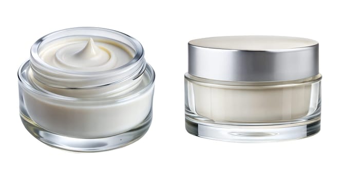 Glass jar of white face cream with silver lid. White facial cream containers isolated on white background. Ai generated image