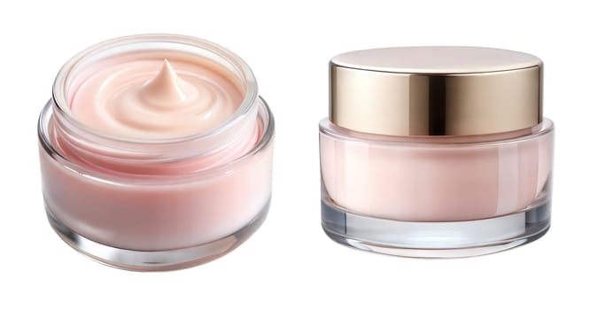 Glass jar of pink face cream with gold lid. Pink facial cream containers isolated on white background. Ai generated image