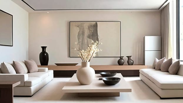 Beige luxury sofa and fine decorative elements.Minimalist modern living room interior design.Resource for designers and interior decorating magazines.