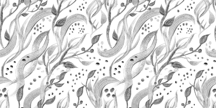 Seamless monochrome watercolor pattern with abstract wildflowers drawn in watercolor