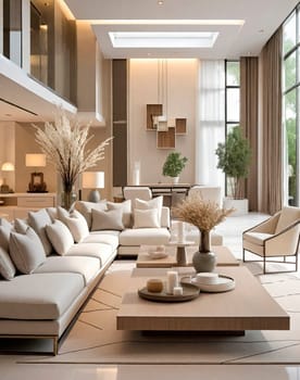 Wide minimalist modern living room.Interior design, home.Natural light side.Designers and interior design resource magazines.