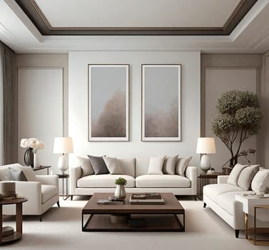 Luxury sofa and fine wooden coffe table.Minimalist modern living room interior design.Resource for designers and interior decorating magazines.