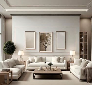 White wall with abstract paintings and frames.Spacious minimalist modern living room.Resource for designers and interior decorating magazines.