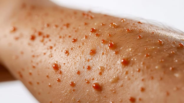 Close-up of male arm with red pustules. Monkeypox.