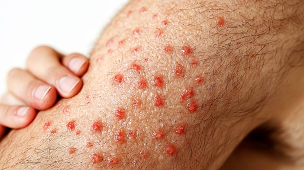 Close-up of male arm with red pustules. Monkeypox.