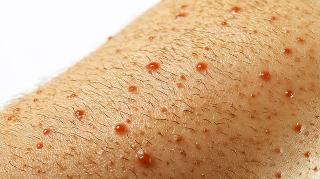 Close-up of male arm with red pustules. Monkeypox.