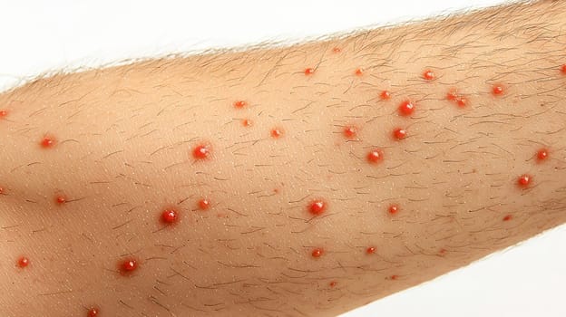 Close-up of male arm with red pustules. Monkeypox.