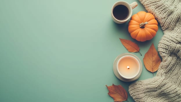 A warm cup of coffee sits beside decorative pumpkins and candles, accented by vibrant autumn leaves, creating a cozy atmosphere perfect for fall.