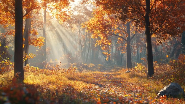 Sunlight casts a warm glow in a vibrant forest filled with autumn foliage. Leaves dance gently in the air, creating a picturesque pathway during mid-fall.
