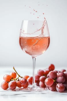 A stemmed glass filled with pink liquid splashes as fresh grapes surround it, capturing a lively moment of refreshment and enjoyment.