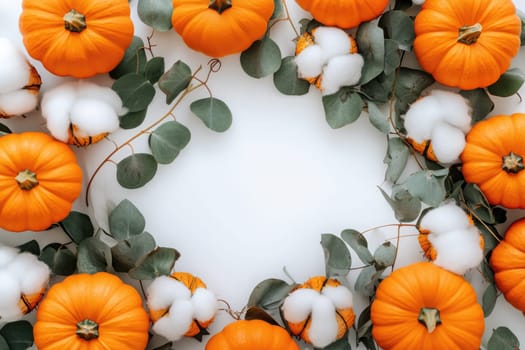 Three vibrant orange pumpkins are artfully arranged alongside eucalyptus leaves on a soft, white fabric, creating a cozy autumn atmosphere perfect for seasonal decor.
