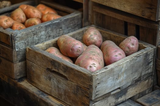Wooden crates are filled with freshly harvested sweet potatoes, showcasing their rich color and texture. This display highlights the bounty of the autumn harvest.