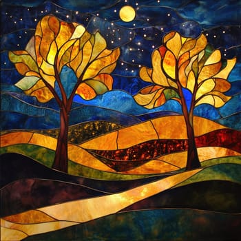 Vibrant stained glass artwork showcases intricately designed trees illuminated by a bright moon, surrounded by glimmering stars against a deep blue backdrop.