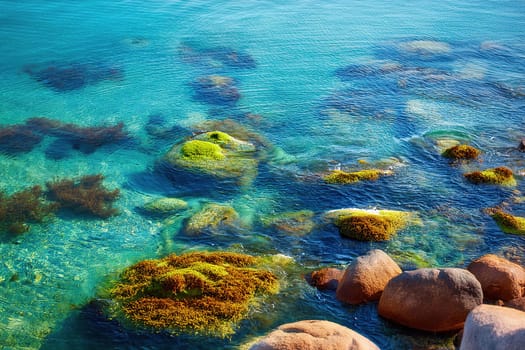 Crystal Clear Paradise.A breathtaking coastal scene featuring smooth, moss-covered rocks emerging from crystal-clear turquoise water. Lush greenery lines the hillside, creating a picturesque backdrop. Sunlight filters through the water, highlighting the vibrant marine life below.