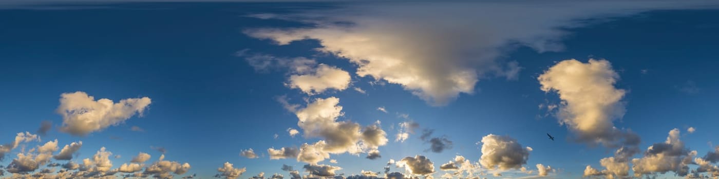 Sky panorama with Cirrus clouds in Seamless spherical equirectangular format. Full zenith for use in 3D graphics, game and editing aerial drone 360 degree panoramas for sky replacement