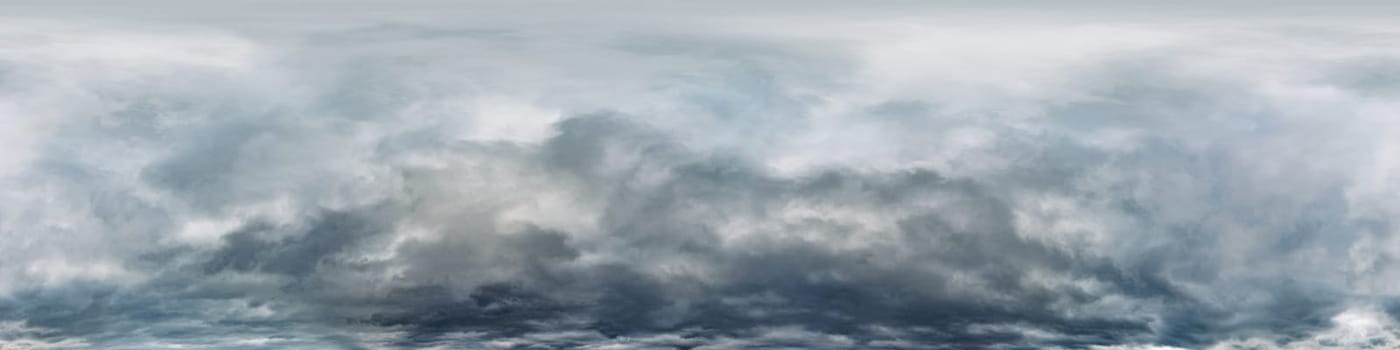 Dark moody rain clouds in dramatic overcast sky. Seamless 360 HDR spherical panorama. Full zenith or sky dome in 3D environment, sky replacement for aerial drone panoramas. Climate and weather change