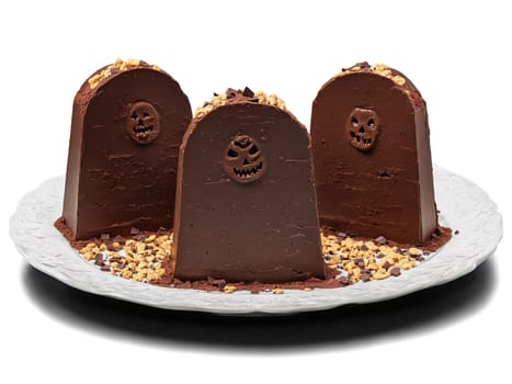 Halloween night graveyard chocolate mousse with cookie tombstones served on a transparent glass dish spooky. Food isolated on transparent background.
