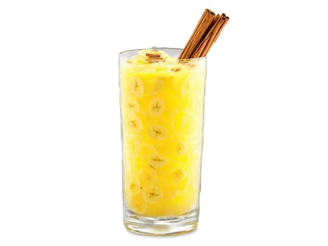 Banana soda in a dessert glass banana slices and cinnamon sticks vibrant yellow splash in. Drink isolated on transparent background.
