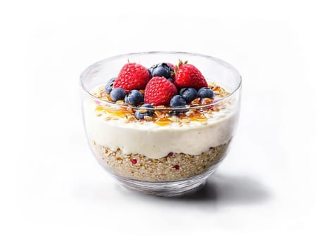 Porridge creamy oatmeal topped with fresh berries and honey in a transparent glass bowl cozy. Food isolated on transparent background.