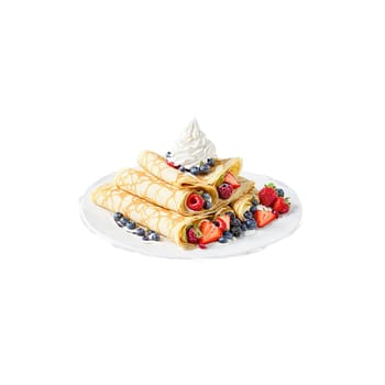 Crepes thin and delicate folded into triangles with fresh fruit and whipped cream tumbling over. Food isolated on transparent background.