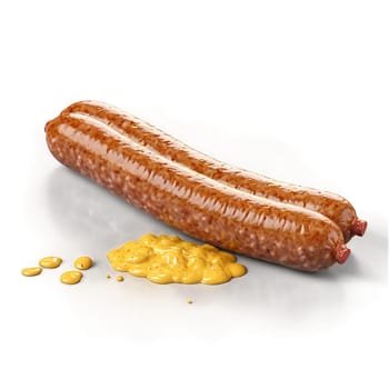 Pork sausage juicy links bursting from casings mustard splattering Food and Culinary concept. Food isolated on transparent background.