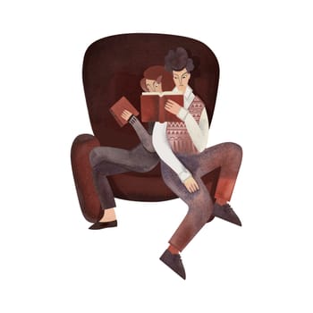 Love of reading. Young couple dressed in vintage clothes reading in brown shabby chair. Boy and girl. 1960s style. University students with books. Calm and concentration. Characters hugging. Love and comfort. Isolated watercolor illustration
