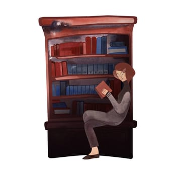 Girl dressed in vintage clothes near bookshelves in library or bookstore. 1960s style. University student with books. Calm and concentrated. Isolated watercolor illustration