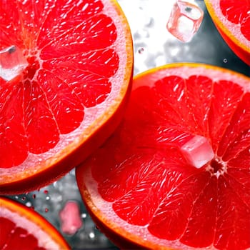 Grapefruit juice with slices of grapefruit and ice cubes in motion inside a glass with. Food isolated on transparent background.