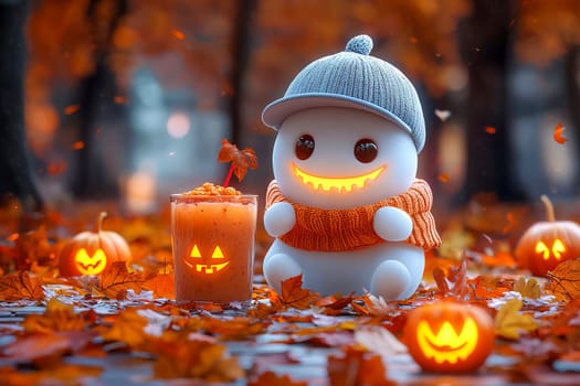 Neon Halloween ghost with a glass of smoothie.