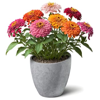 Zinnia multi colored flowers in shades of pink orange and red in a gray concrete. Plants isolated on transparent background.