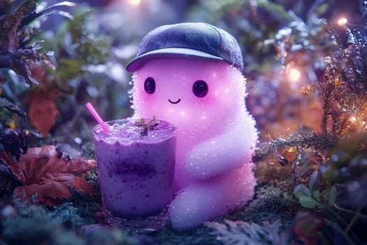 Neon Halloween ghost with a glass of smoothie.