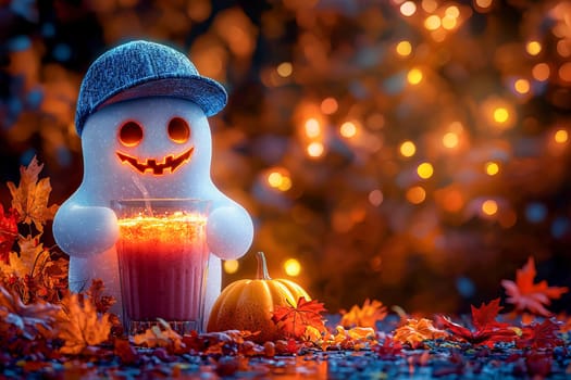 Neon Halloween ghost with a glass of smoothie.