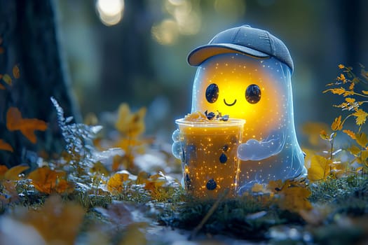 Neon Halloween ghost with a glass of smoothie.