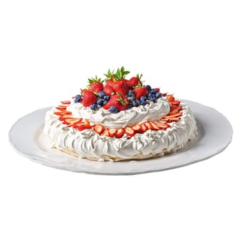 Pavlova with whipped cream and fresh fruit tumbling down the sides Food and culinary concept. Food isolated on transparent background.