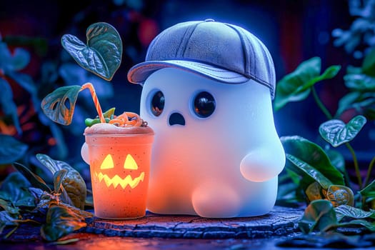 Neon Halloween ghost with a glass of smoothie.