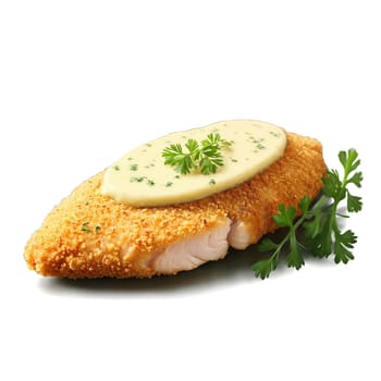 Chicken Kyiv breaded chicken breast herb butter filling golden brown parsley sprig Culinary and Food. Food isolated on transparent background