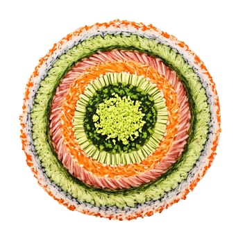 Vegetable sushi roll mandala a colorful circular design of vegetable sushi rolls with soy sauce. Food isolated on transparent background.