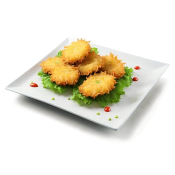 Beef carpaccio tempura tissue thin raw beef slice draping fried vegetable fritter in glass isolated. Food isolated on transparent background.