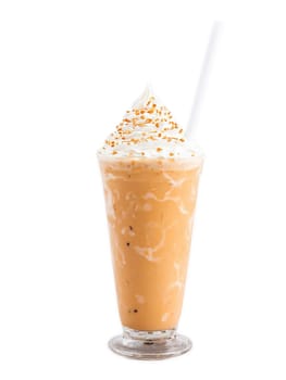 Thai iced tea milkshake tall glass sweetened condensed milk whipped cream. Drink isolated on transparent background.